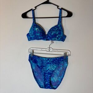 Victoria's Secret Swimwear‎ Set Medium Bikini Top 36A Blue Leopard Print